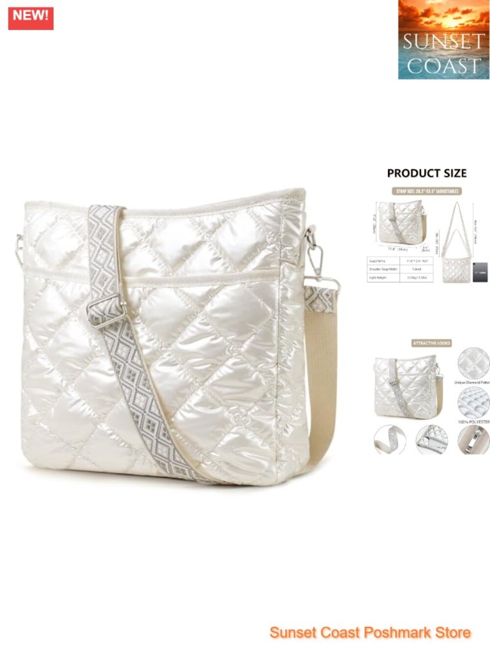Quilted Crossbody Bag with Patterned Strap, Lightweight & Foldable